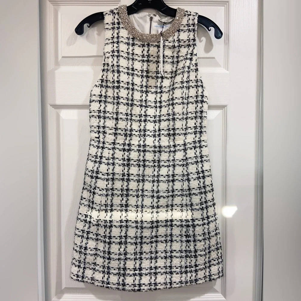 NWT Alice Olivia Clyde Crystal Embellished Checked Tweed Dress